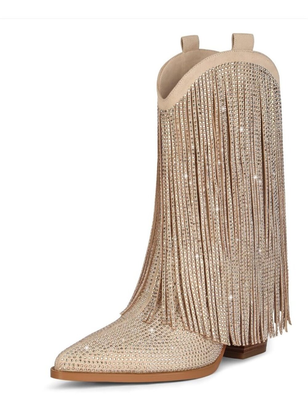 Women's Beige Embroidery Fringed Sparkly Stacked Heel Pointed Toe Cowgirl Boot - Picture 1 of 6